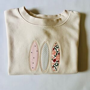 Cream Cropped Sweatshirt Surfboard Appliqué Coastal
